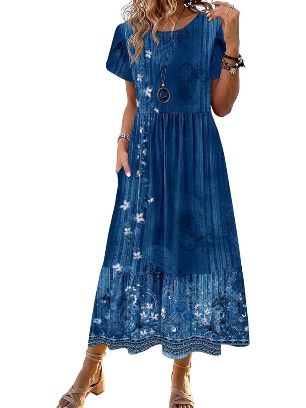 Summer Midi A-Line Dress for Women - Short Sleeve, Flowy, Tiered, Pockets